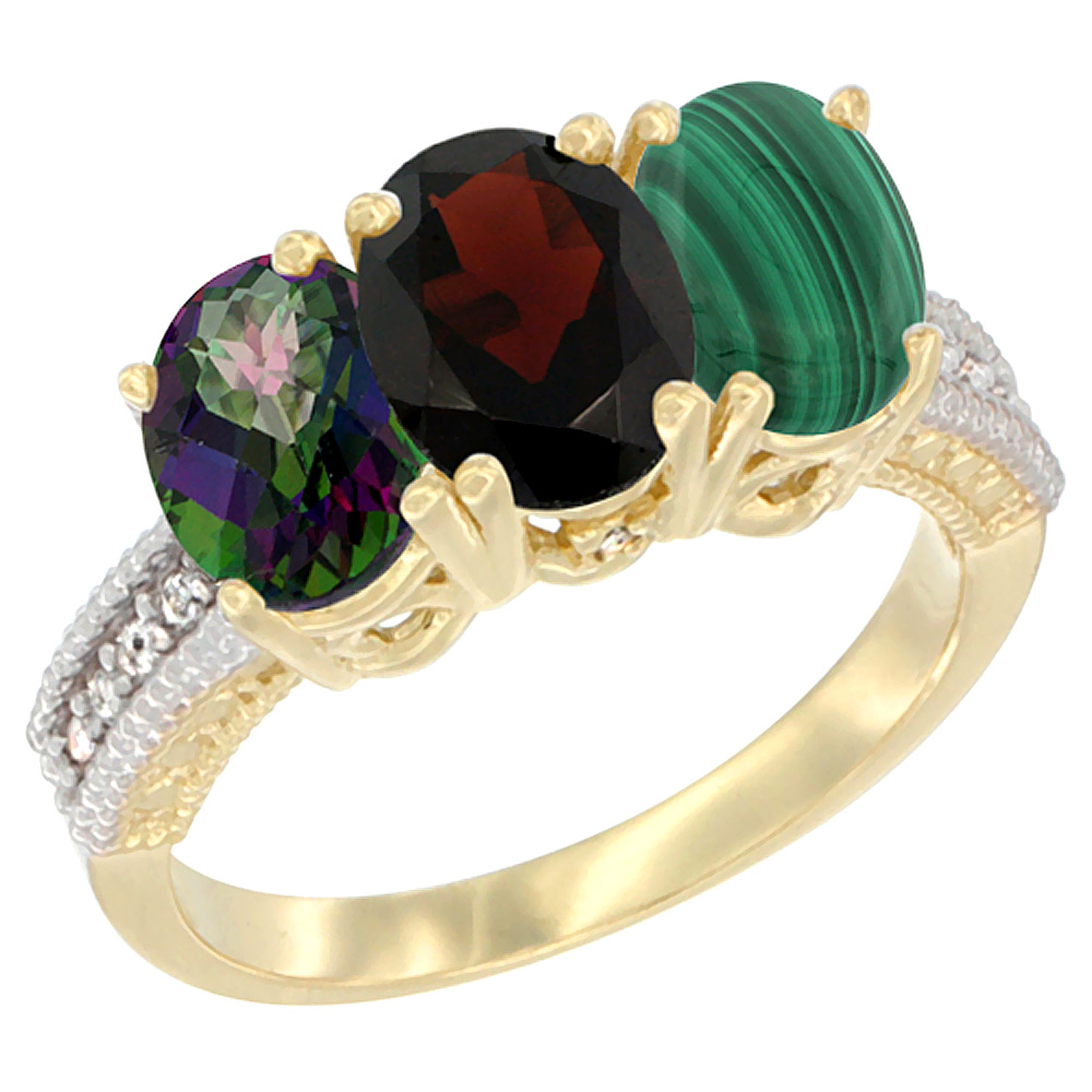 10K Yellow Gold Diamond Natural Mystic Topaz, Garnet &amp; Malachite Ring 3-Stone 7x5 mm Oval, sizes 5 - 10