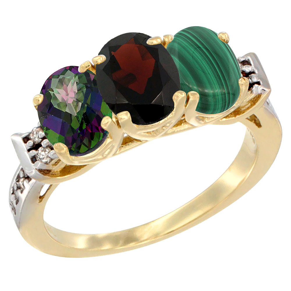 10K Yellow Gold Natural Mystic Topaz, Garnet & Malachite Ring 3-Stone Oval 7x5 mm Diamond Accent, sizes 5 - 10