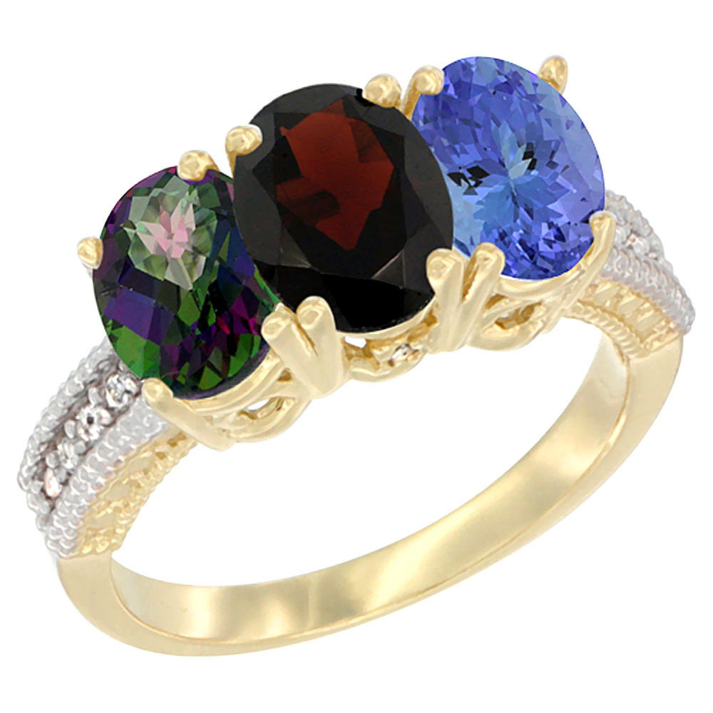 10K Yellow Gold Diamond Natural Mystic Topaz, Garnet &amp; Tanzanite Ring 3-Stone 7x5 mm Oval, sizes 5 - 10