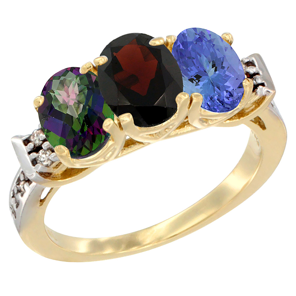 10K Yellow Gold Natural Mystic Topaz, Garnet & Tanzanite Ring 3-Stone Oval 7x5 mm Diamond Accent, sizes 5 - 10