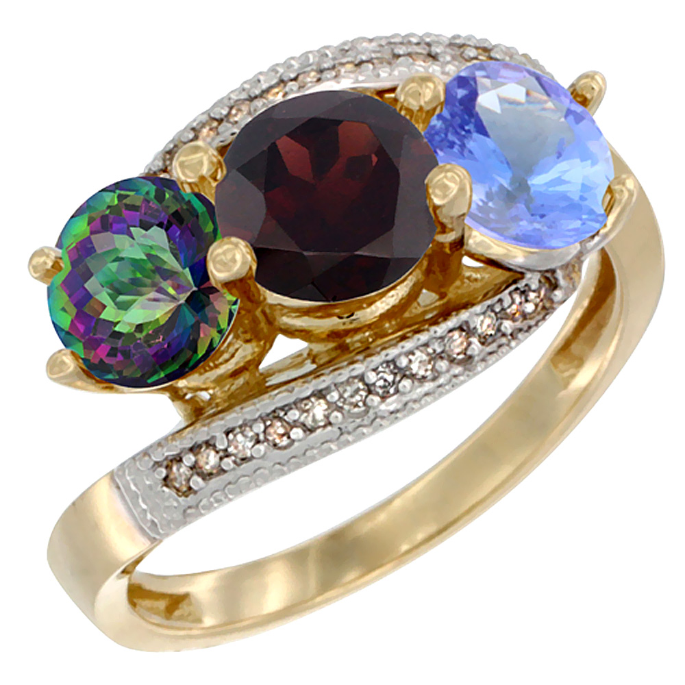 10K Yellow Gold Natural Mystic Topaz, Garnet & Tanzanite 3 stone Ring Round 6mm Diamond Accent, sizes 5 - 10