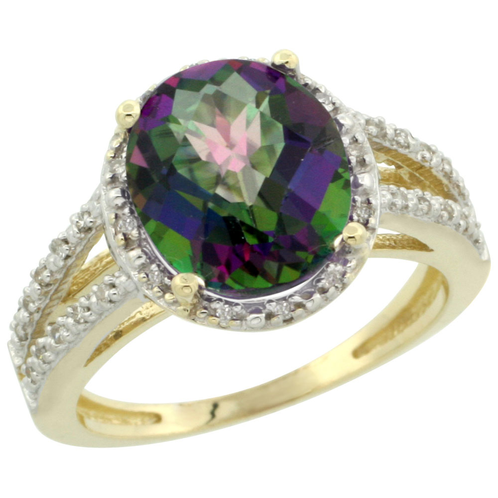 14K Yellow Gold Natural Mystic Topaz Diamond Halo Ring Oval 11x9mm, sizes 5-10