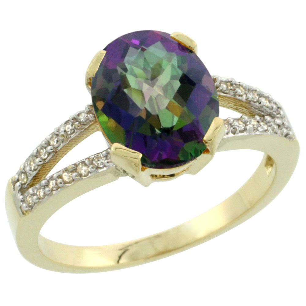 14K Yellow Gold Natural Diamond Mystic Topaz Engagement Ring Oval 10x8mm, sizes 5-10