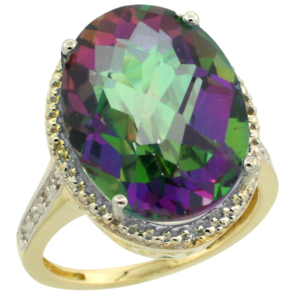 14K Yellow Gold Natural Diamond Mystic Topaz Ring Oval 18x13mm, sizes 5-10