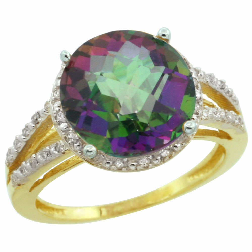 10K Yellow Gold Natural Diamond Mystic Topaz Ring Round 11mm, sizes 5-10