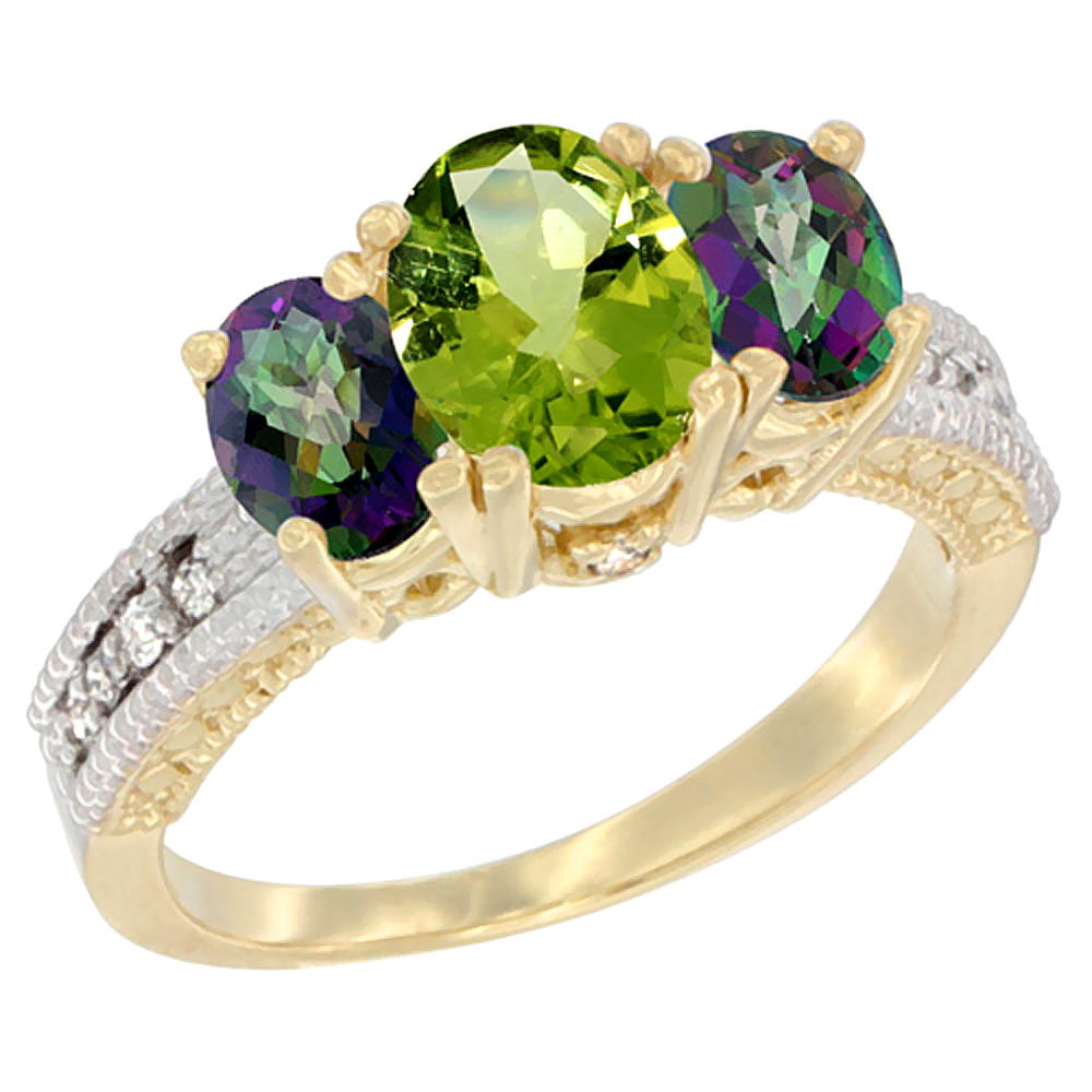 14K Yellow Gold Diamond Natural Peridot Ring Oval 3-stone with Mystic Topaz, sizes 5 - 10