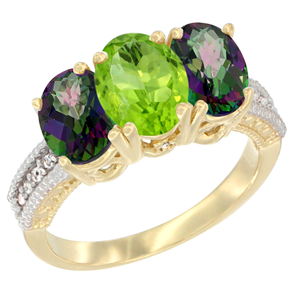 14K Yellow Gold Natural Peridot &amp; Mystic Topaz Ring 3-Stone 7x5 mm Oval Diamond Accent, sizes 5 - 10