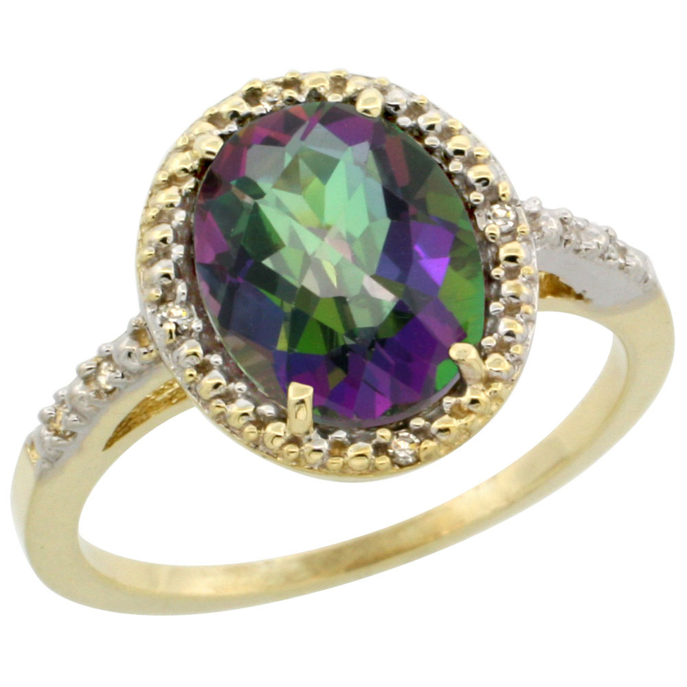 14K Yellow Gold Natural Diamond Mystic Topaz Engagement Ring Oval 10x8mm, sizes 5-10