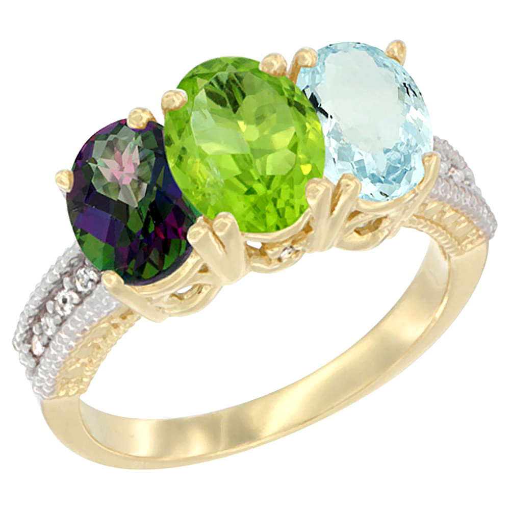 10K Yellow Gold Diamond Natural Mystic Topaz, Peridot & Aquamarine Ring 3-Stone 7x5 mm Oval, sizes 5 - 10