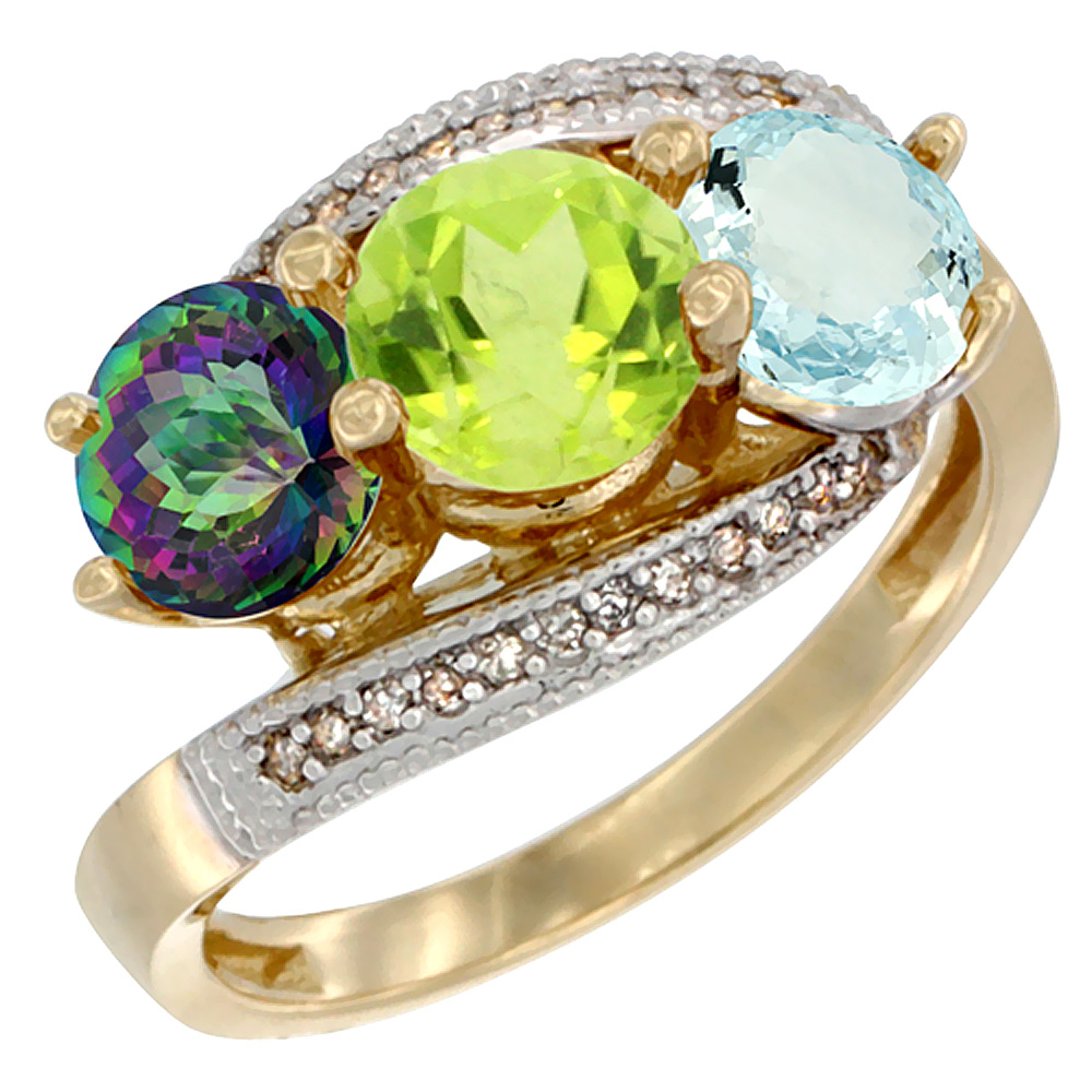 10K Yellow Gold Natural Mystic Topaz, Peridot & Aquamarine 3 stone Ring Round 6mm Diamond Accent, sizes 5 - 10