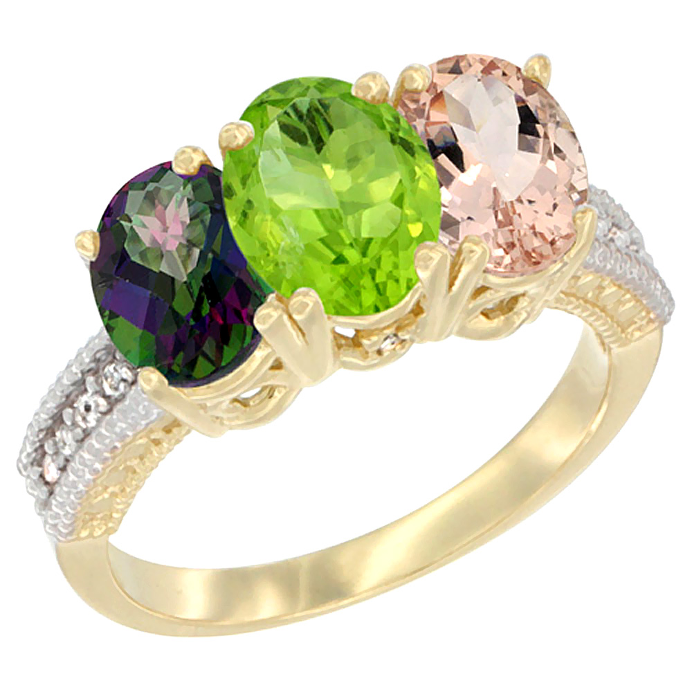 14K Yellow Gold Natural Mystic Topaz, Peridot & Morganite Ring 3-Stone 7x5 mm Oval Diamond Accent, sizes 5 - 10