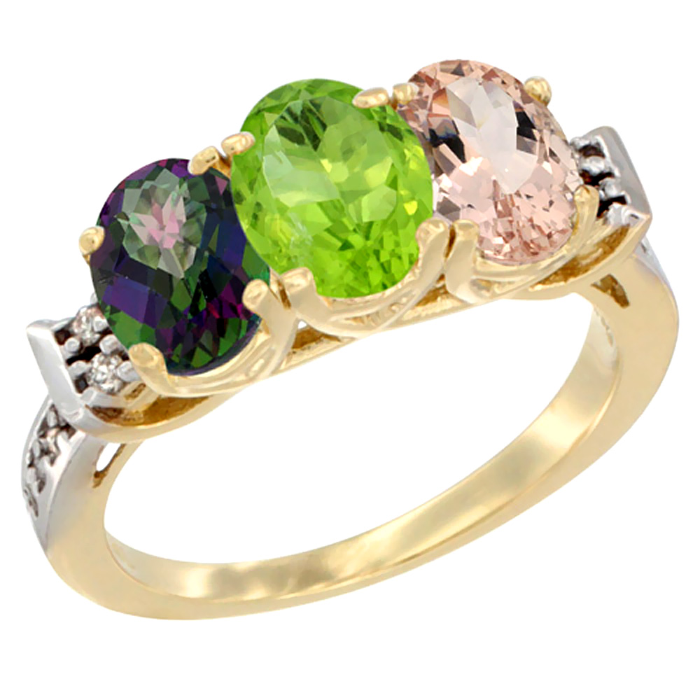 14K Yellow Gold Natural Mystic Topaz, Peridot & Morganite Ring 3-Stone Oval 7x5 mm Diamond Accent, sizes 5 - 10