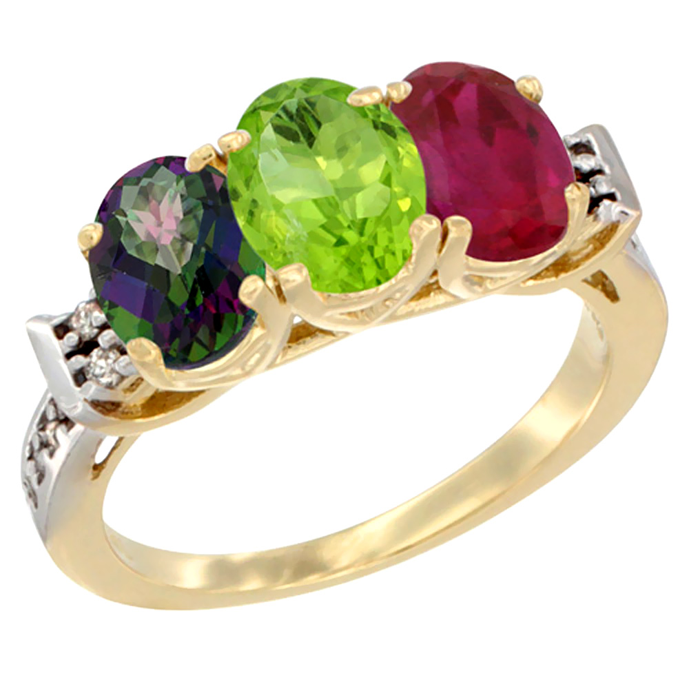 14K Yellow Gold Natural Mystic Topaz, Peridot & Enhanced Ruby Ring 3-Stone Oval 7x5 mm Diamond Accent, sizes 5 - 10