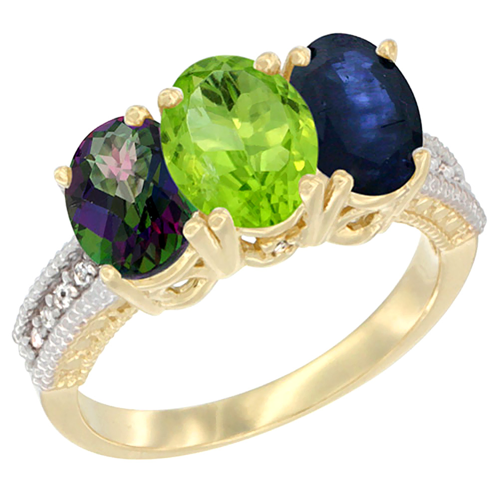 10K Yellow Gold Diamond Natural Mystic Topaz, Peridot & Blue Sapphire Ring 3-Stone 7x5 mm Oval, sizes 5 - 10