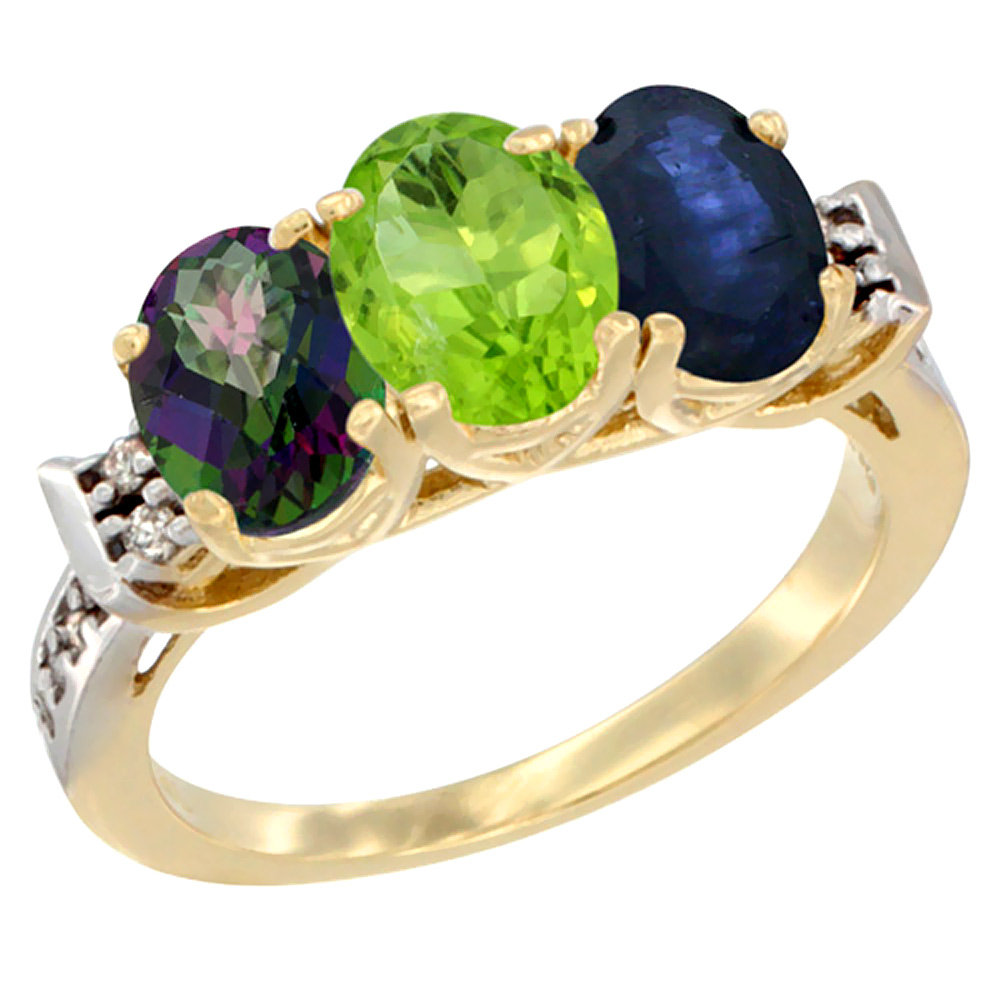 14K Yellow Gold Natural Mystic Topaz, Peridot &amp; Blue Sapphire Ring 3-Stone Oval 7x5 mm Diamond Accent, sizes 5 - 10