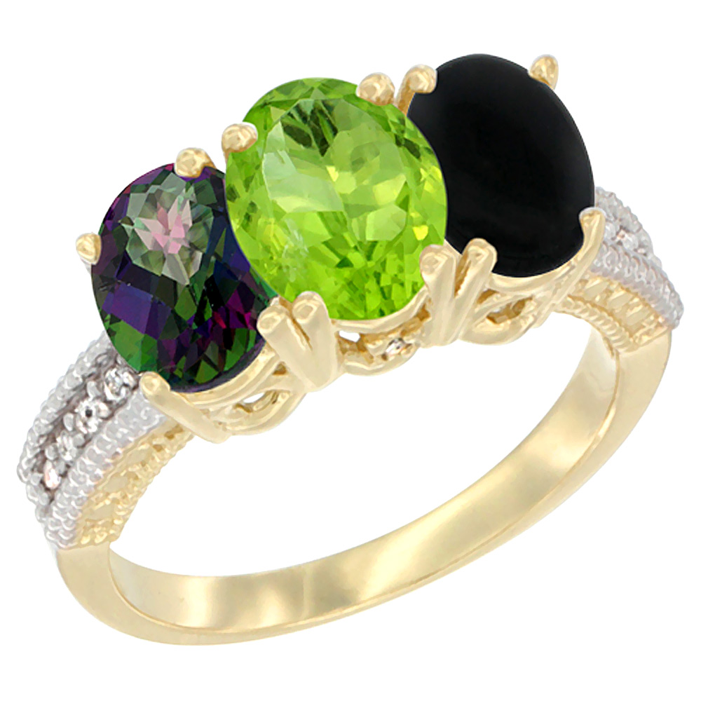 10K Yellow Gold Diamond Natural Mystic Topaz, Peridot & Black Onyx Ring 3-Stone 7x5 mm Oval, sizes 5 - 10