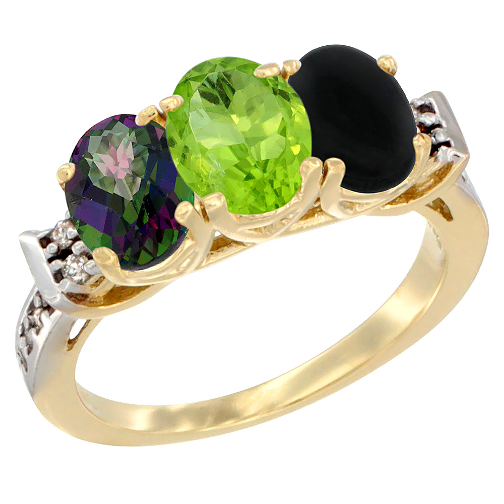 14K Yellow Gold Natural Mystic Topaz, Peridot &amp; Black Onyx Ring 3-Stone Oval 7x5 mm Diamond Accent, sizes 5 - 10