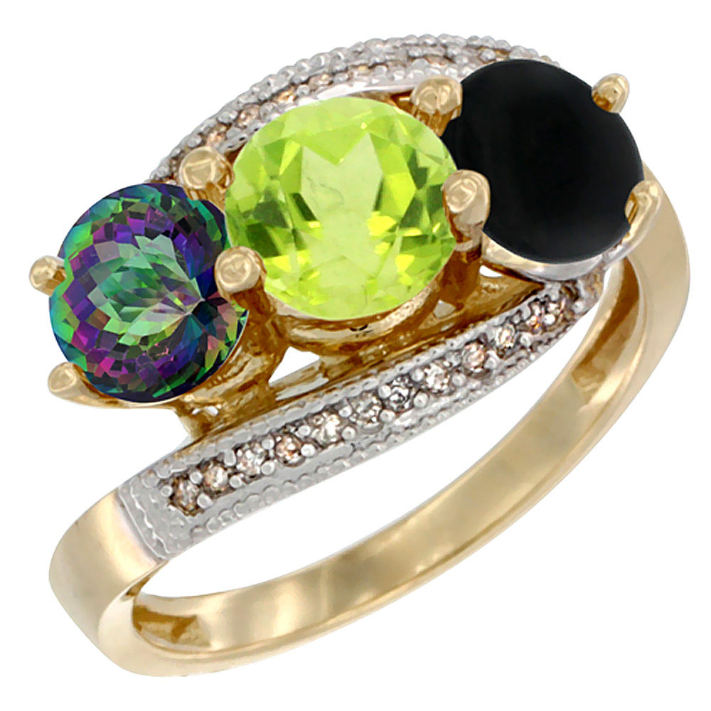 14K Yellow Gold Natural Mystic Topaz, Peridot & Black Onyx 3 stone Ring Round 6mm Diamond Accent, sizes 5 - 10