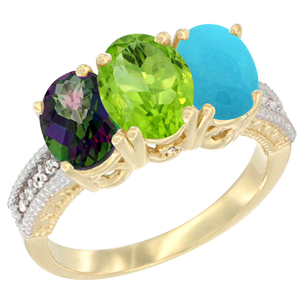 10K Yellow Gold Diamond Natural Mystic Topaz, Peridot & Turquoise Ring 3-Stone 7x5 mm Oval, sizes 5 - 10