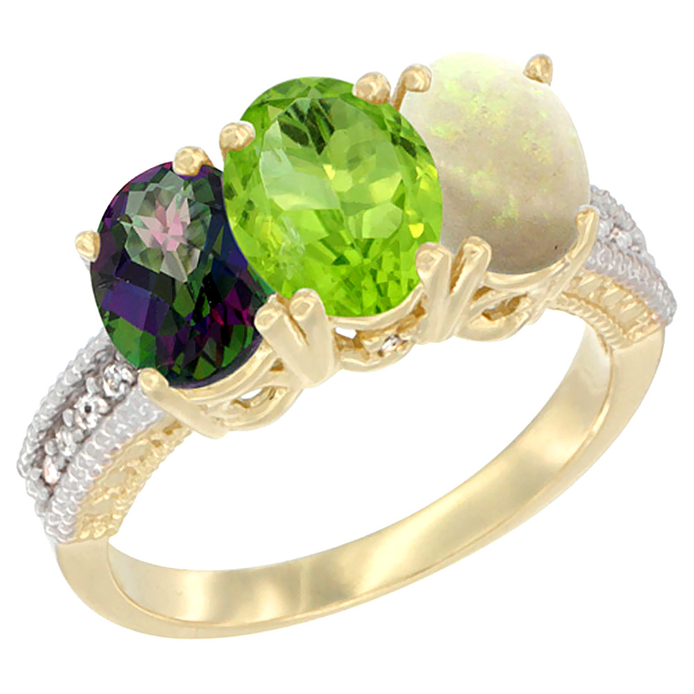 14K Yellow Gold Natural Mystic Topaz, Peridot & Opal Ring 3-Stone 7x5 mm Oval Diamond Accent, sizes 5 - 10