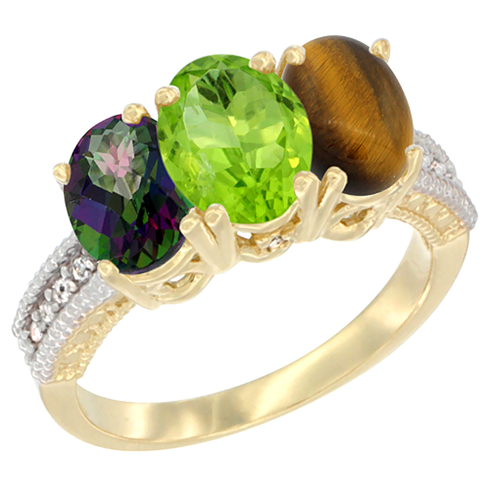 14K Yellow Gold Natural Mystic Topaz, Peridot & Tiger Eye Ring 3-Stone 7x5 mm Oval Diamond Accent, sizes 5 - 10