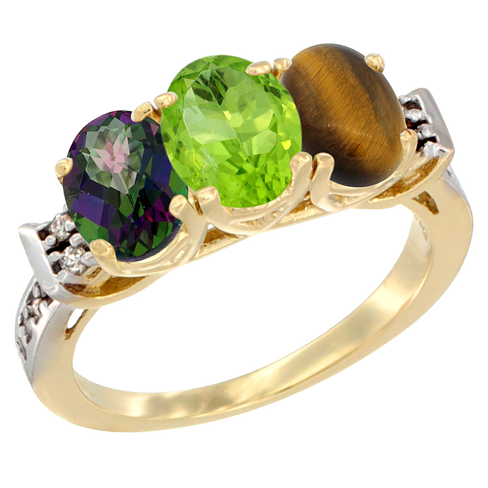 14K Yellow Gold Natural Mystic Topaz, Peridot & Tiger Eye Ring 3-Stone Oval 7x5 mm Diamond Accent, sizes 5 - 10