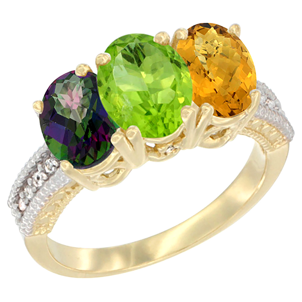 14K Yellow Gold Natural Mystic Topaz, Peridot & Whisky Quartz Ring 3-Stone 7x5 mm Oval Diamond Accent, sizes 5 - 10