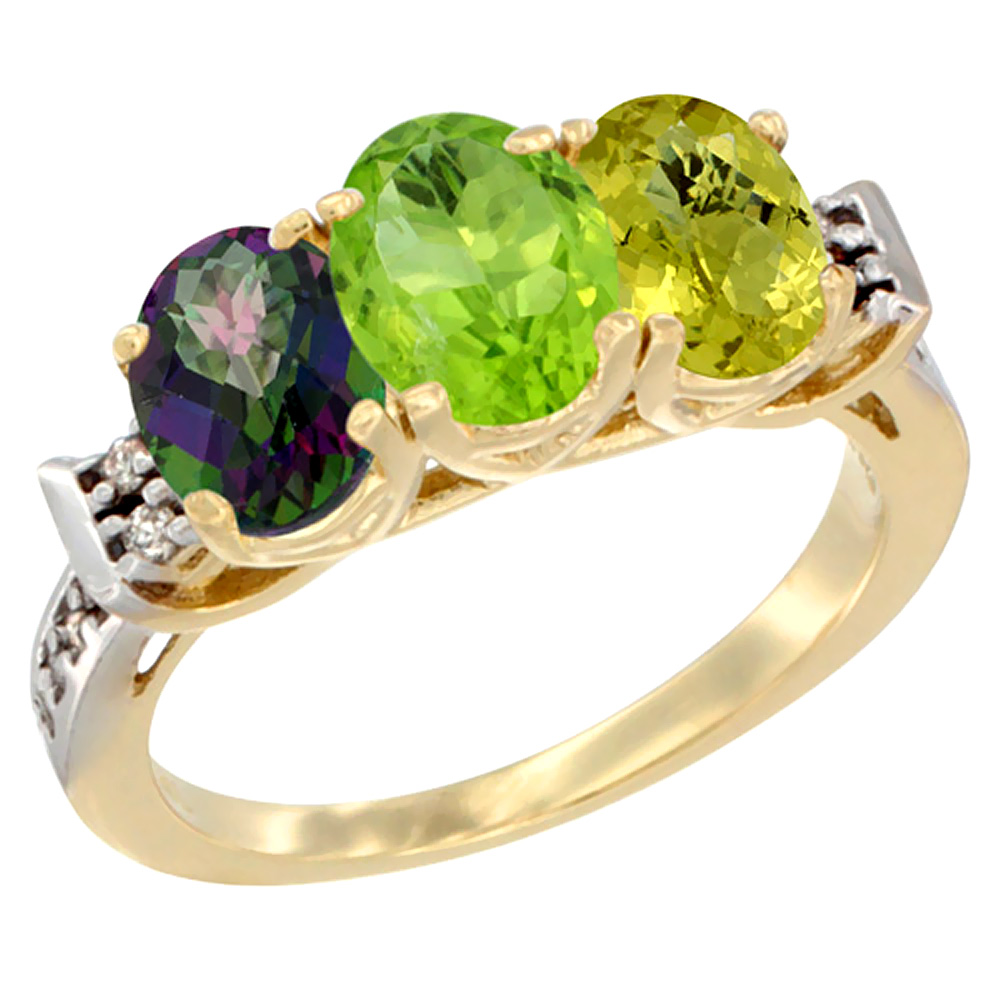 14K Yellow Gold Natural Mystic Topaz, Peridot &amp; Lemon Quartz Ring 3-Stone Oval 7x5 mm Diamond Accent, sizes 5 - 10