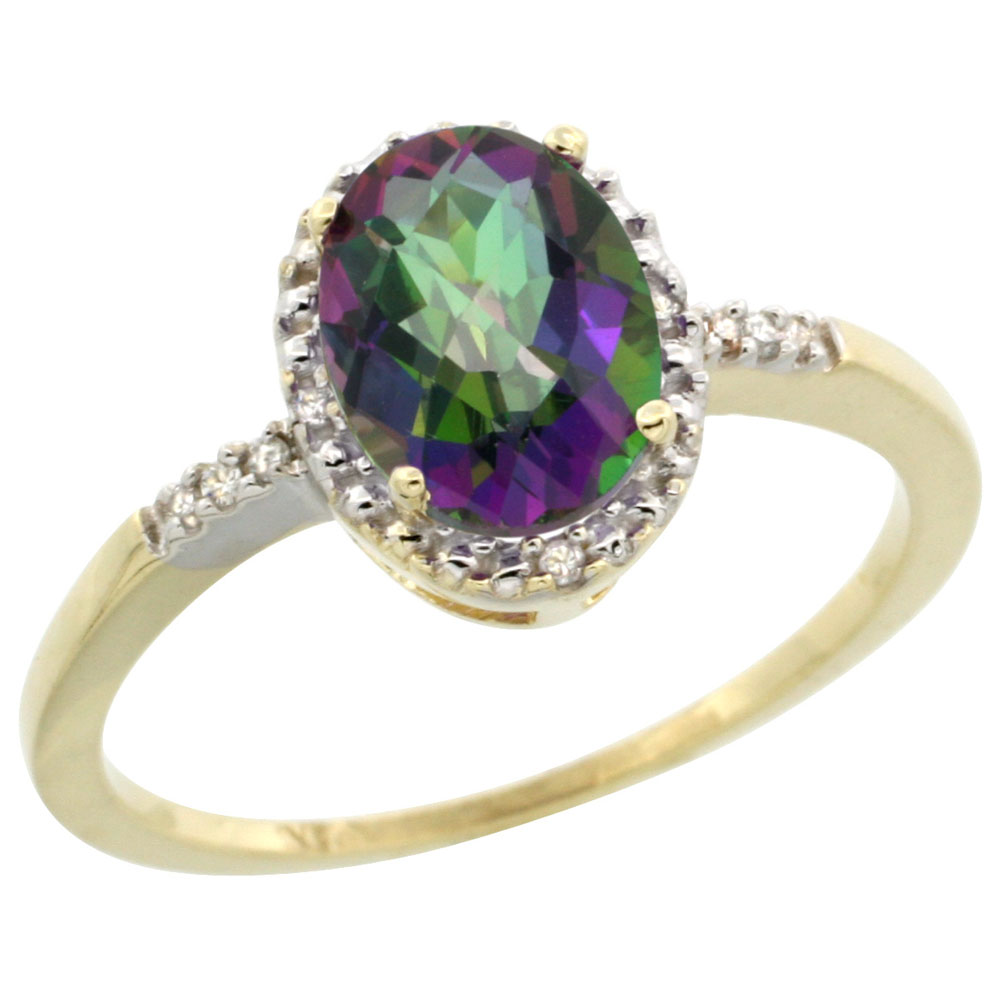 14K Yellow Gold Natural Diamond Mystic Topaz Ring Oval 8x6mm, sizes 5-10