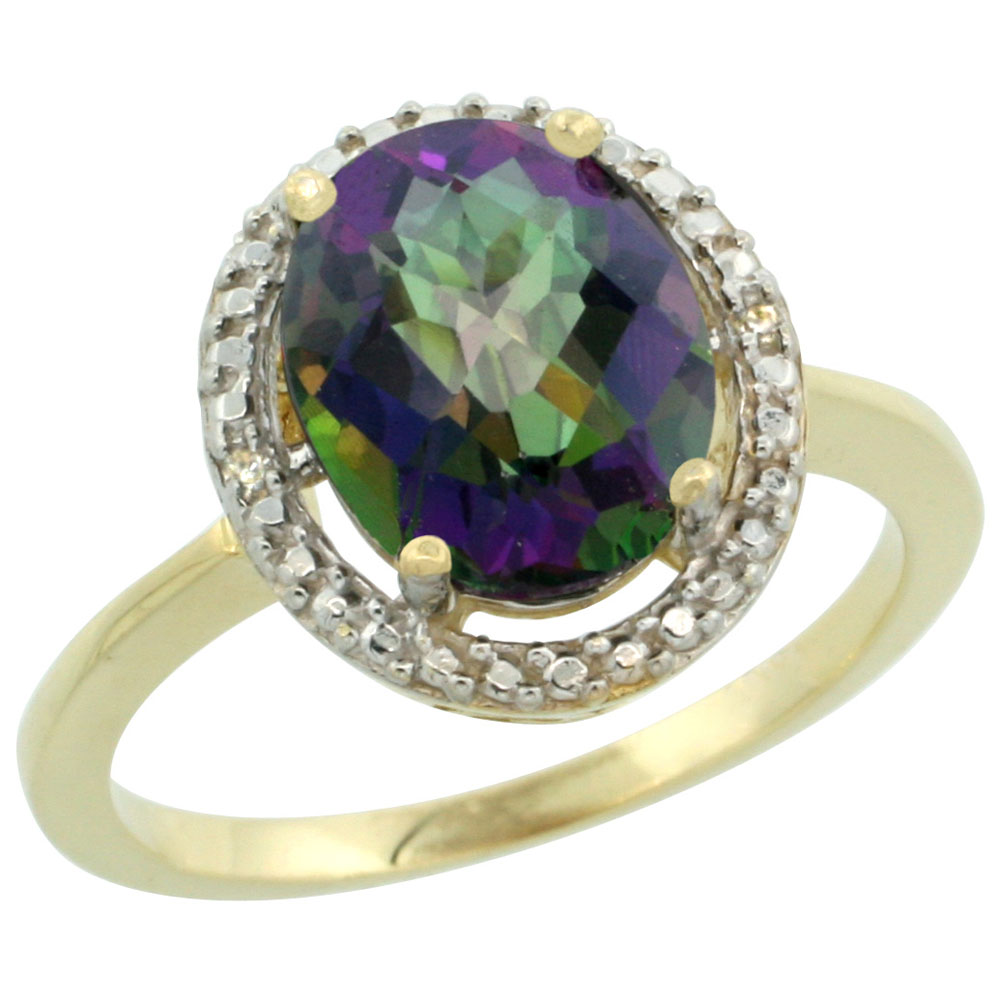 14K Yellow Gold Natural Diamond Mystic Topaz Engagement Ring Oval 10x8mm, sizes 5-10