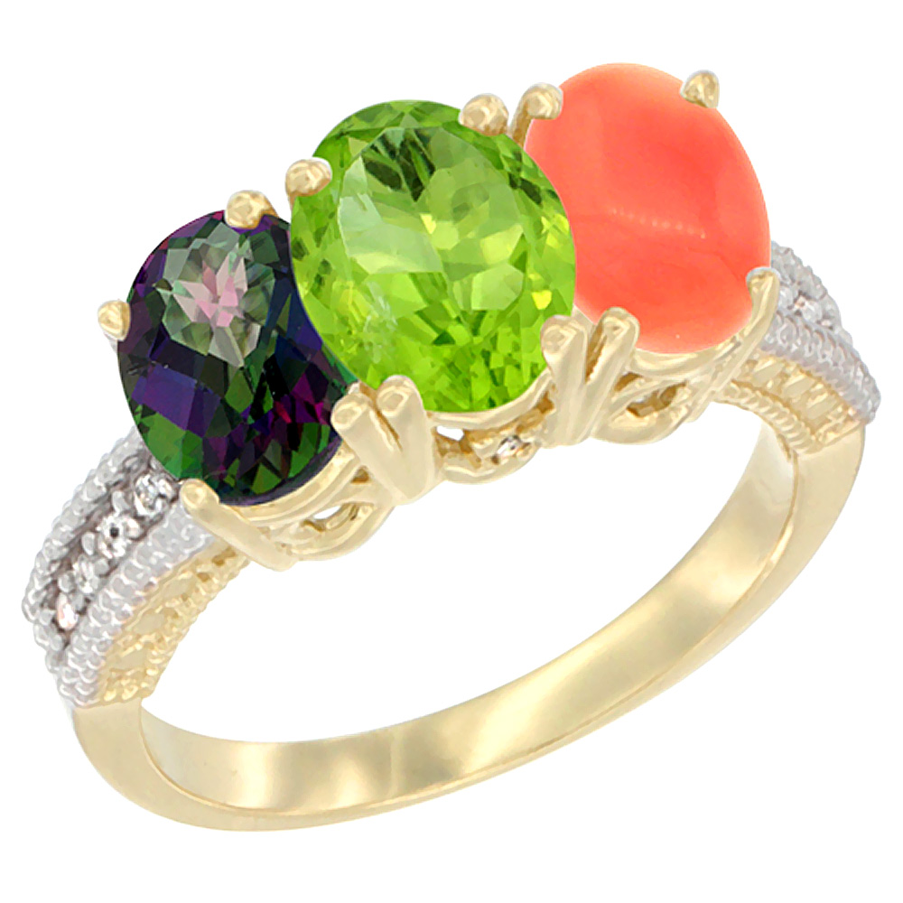 10K Yellow Gold Diamond Natural Mystic Topaz, Peridot & Coral Ring 3-Stone 7x5 mm Oval, sizes 5 - 10