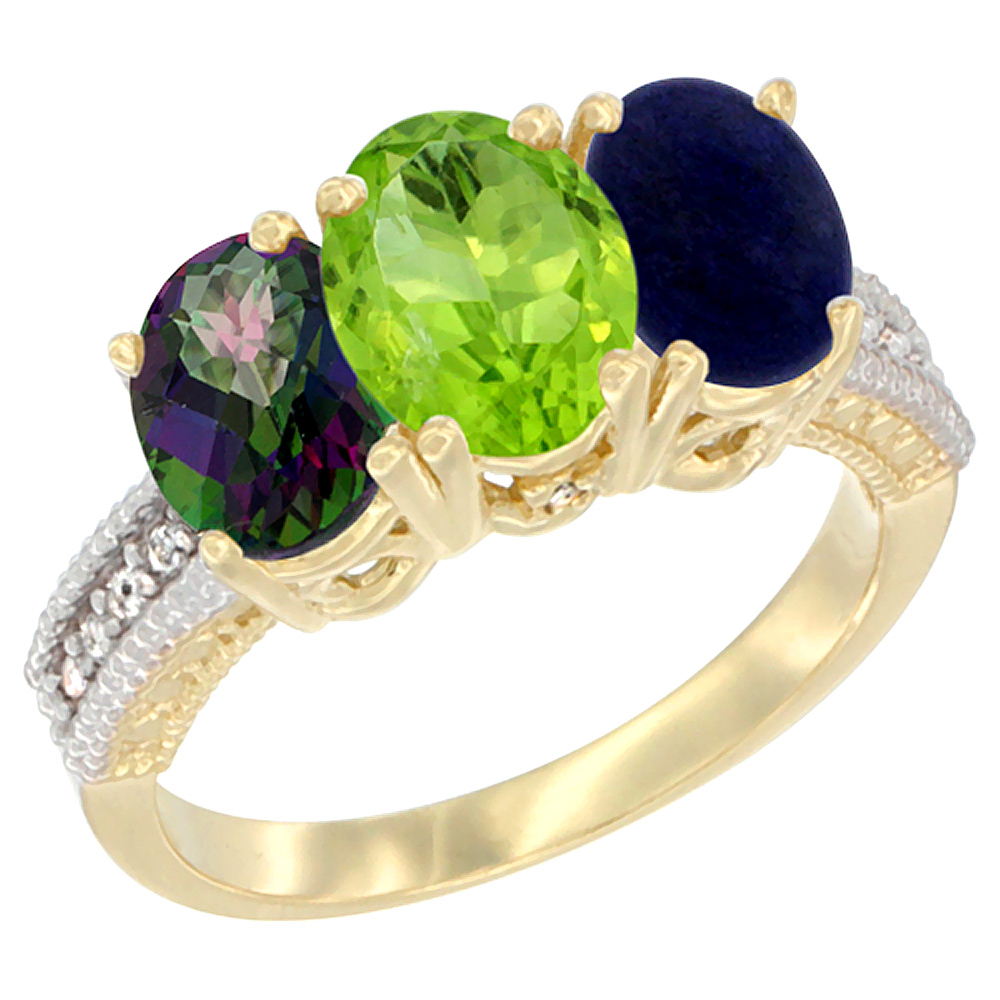 10K Yellow Gold Diamond Natural Mystic Topaz, Peridot & Lapis Ring 3-Stone 7x5 mm Oval, sizes 5 - 10