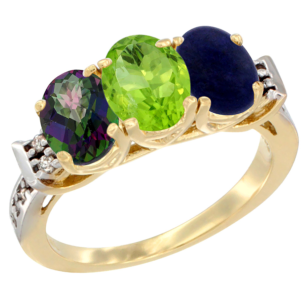 14K Yellow Gold Natural Mystic Topaz, Peridot & Lapis Ring 3-Stone Oval 7x5 mm Diamond Accent, sizes 5 - 10