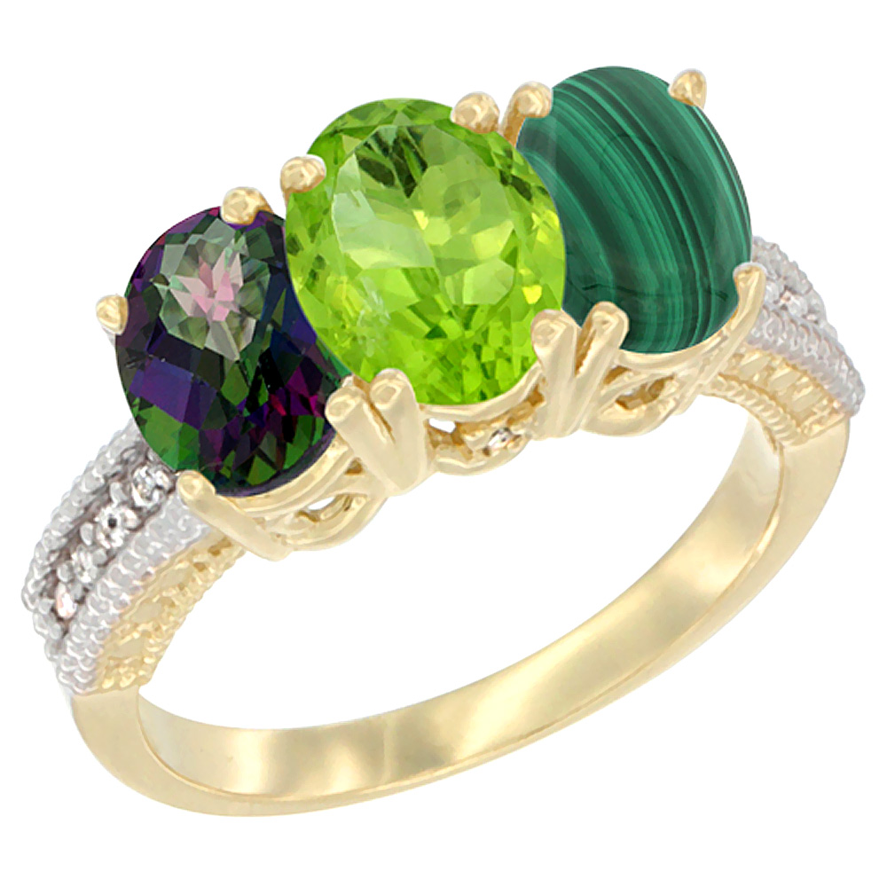 10K Yellow Gold Diamond Natural Mystic Topaz, Peridot & Malachite Ring 3-Stone 7x5 mm Oval, sizes 5 - 10