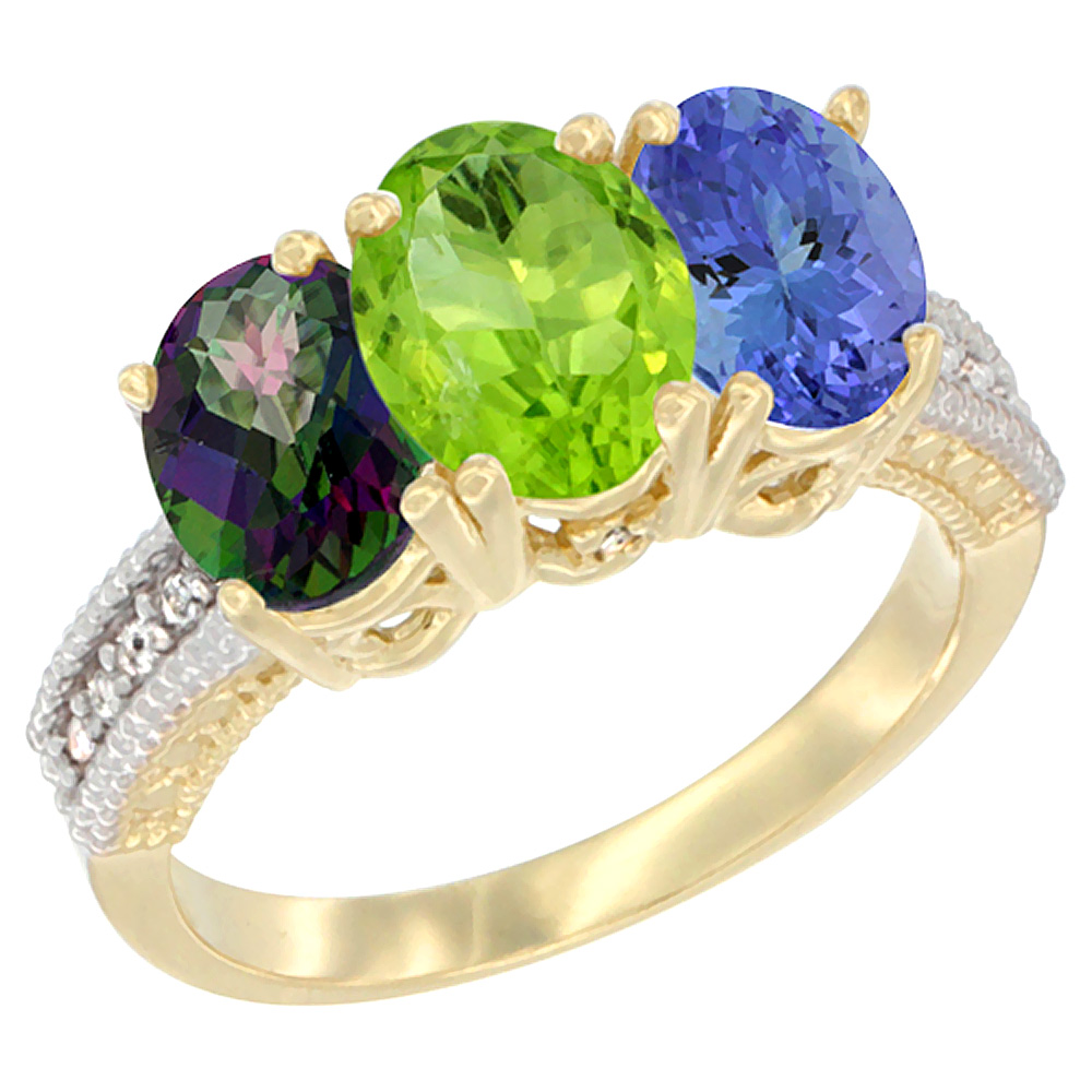 10K Yellow Gold Diamond Natural Mystic Topaz, Peridot & Tanzanite Ring 3-Stone 7x5 mm Oval, sizes 5 - 10