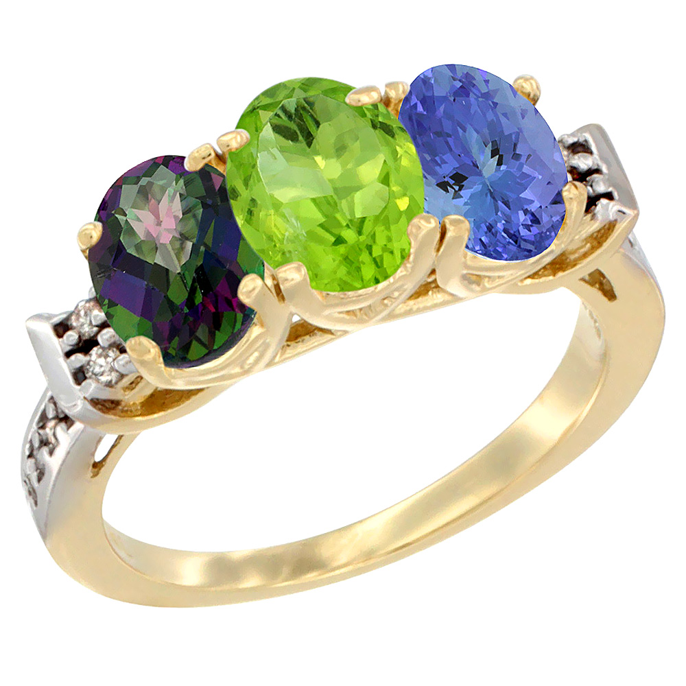 14K Yellow Gold Natural Mystic Topaz, Peridot & Tanzanite Ring 3-Stone Oval 7x5 mm Diamond Accent, sizes 5 - 10