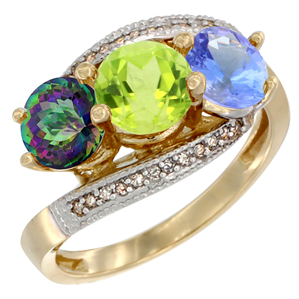 14K Yellow Gold Natural Mystic Topaz, Peridot &amp; Tanzanite 3 stone Ring Round 6mm Diamond Accent, sizes 5 - 10