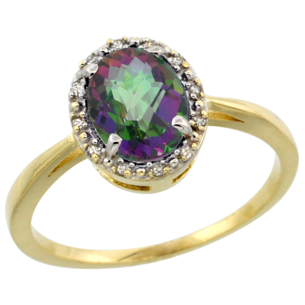 10k Yellow Gold Natural Mystic Topaz Ring Oval 8x6 mm Diamond Halo, sizes 5-10