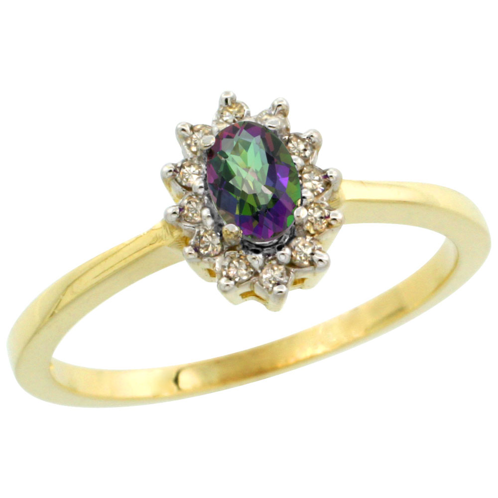 10k Yellow Gold Natural Mystic Topaz Ring Oval 5x3mm Diamond Halo, sizes 5-10