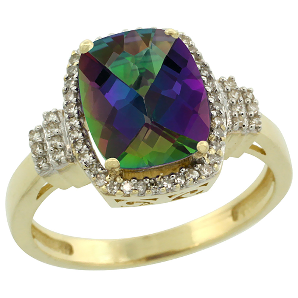 10k Yellow Gold Natural Mystic Topaz Ring Cushion-cut 9x7mm Diamond Halo, sizes 5-10