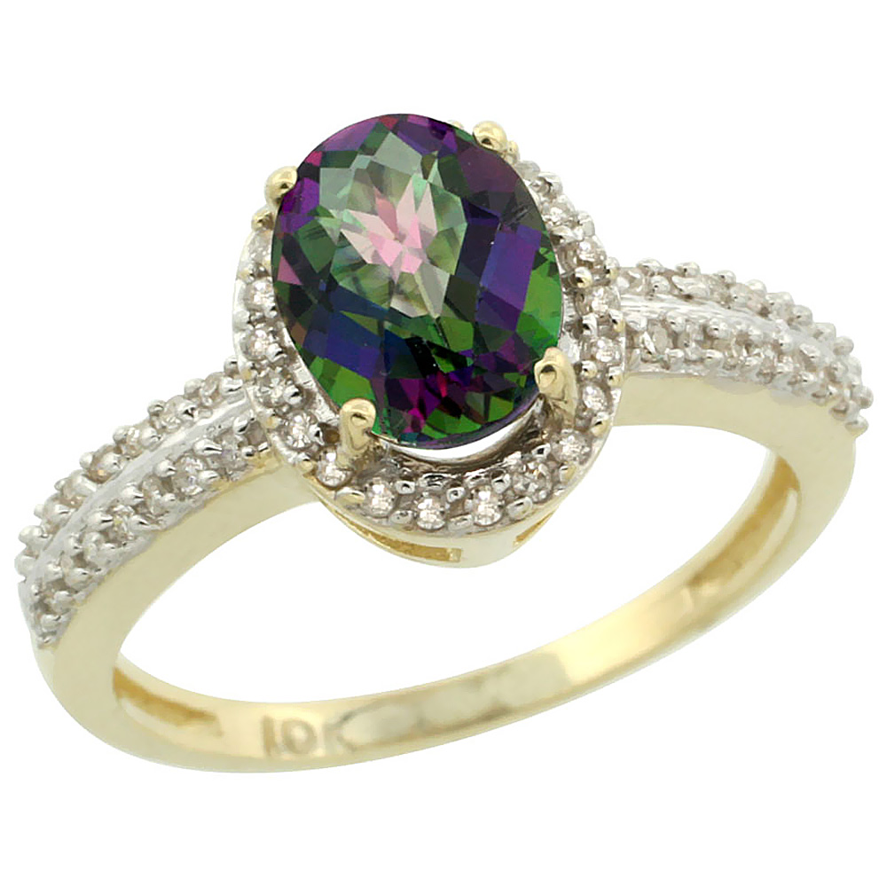 10k Yellow Gold Natural Mystic Topaz Ring Oval 8x6mm Diamond Halo, sizes 5-10