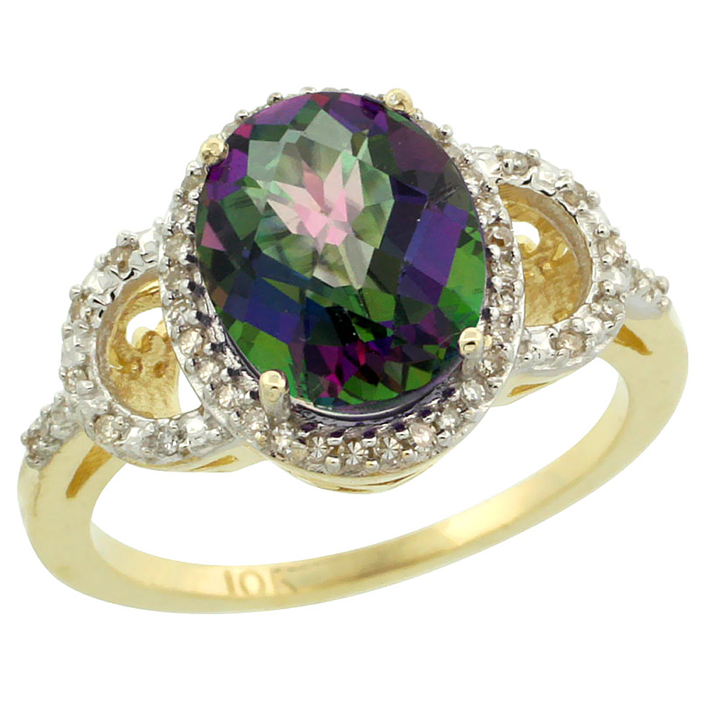 14K Yellow Gold Natural Diamond Mystic Topaz Engagement Ring Oval 10x8mm, sizes 5-10