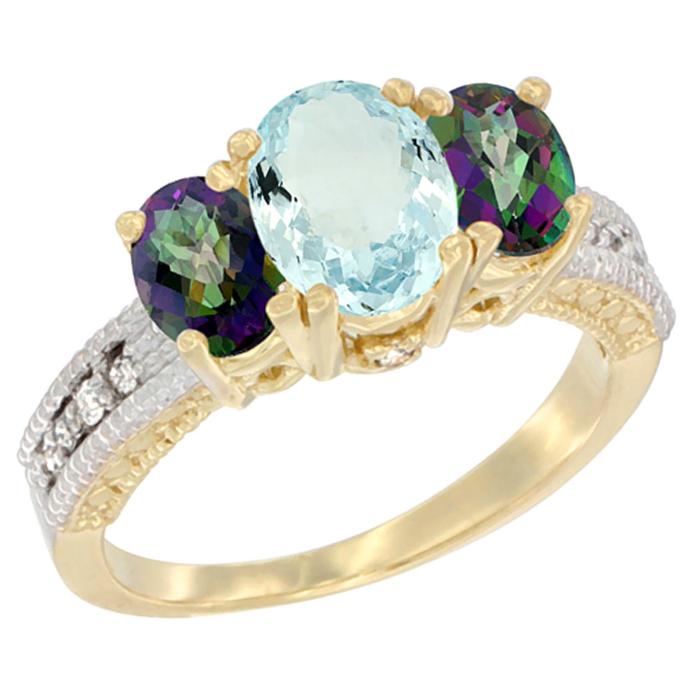 10K Yellow Gold Diamond Natural Aquamarine Ring Oval 3-stone with Mystic Topaz, sizes 5 - 10