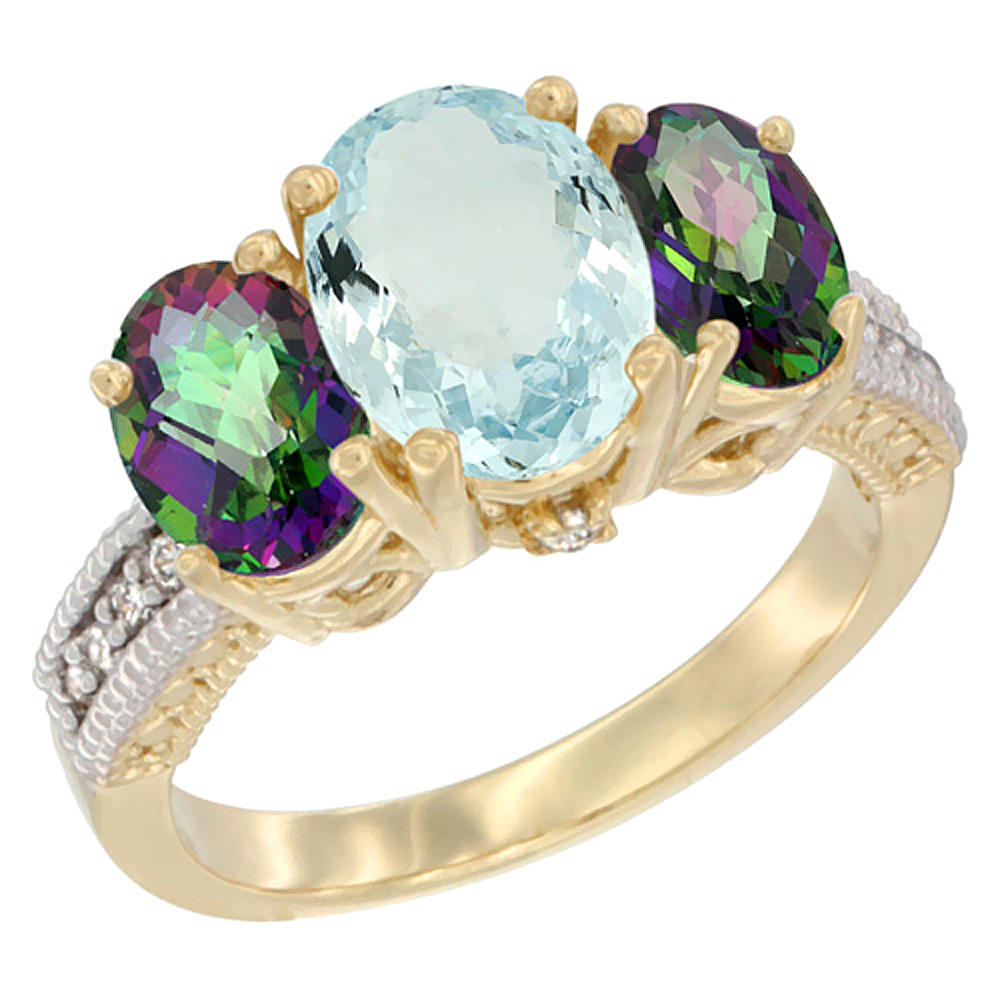 10K Yellow Gold Diamond Natural Aquamarine Ring 3-Stone Oval 8x6mm with Mystic Topaz, sizes5-10