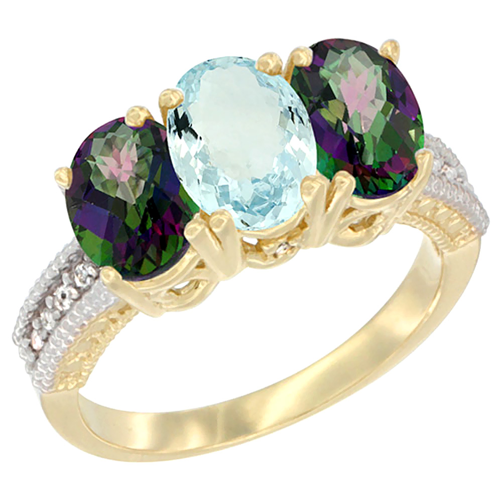 14K Yellow Gold Natural Aquamarine & Mystic Topaz Ring 3-Stone 7x5 mm Oval Diamond Accent, sizes 5 - 10