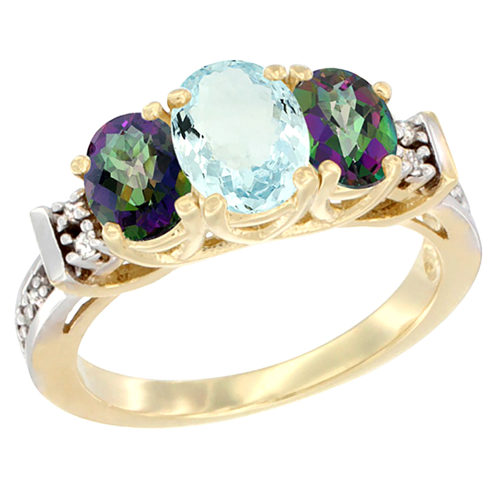 14K Yellow Gold Natural Aquamarine &amp; Mystic Topaz Ring 3-Stone Oval Diamond Accent