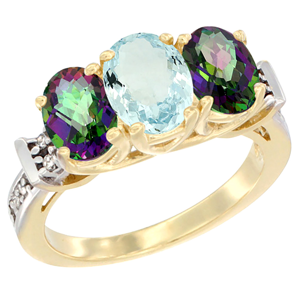 14K Yellow Gold Natural Aquamarine & Mystic Topaz Sides Ring 3-Stone Oval Diamond Accent, sizes 5 - 10