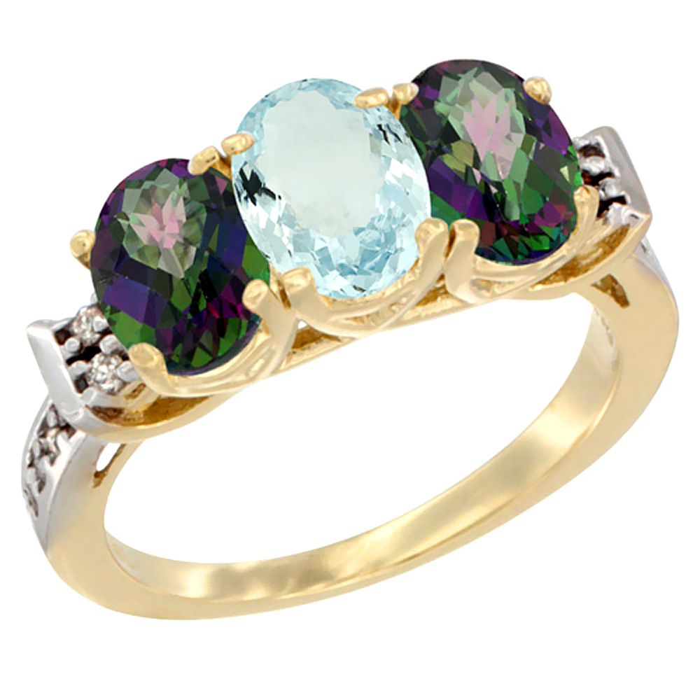 10K Yellow Gold Natural Aquamarine &amp; Mystic Topaz Sides Ring 3-Stone Oval 7x5 mm Diamond Accent, sizes 5 - 10