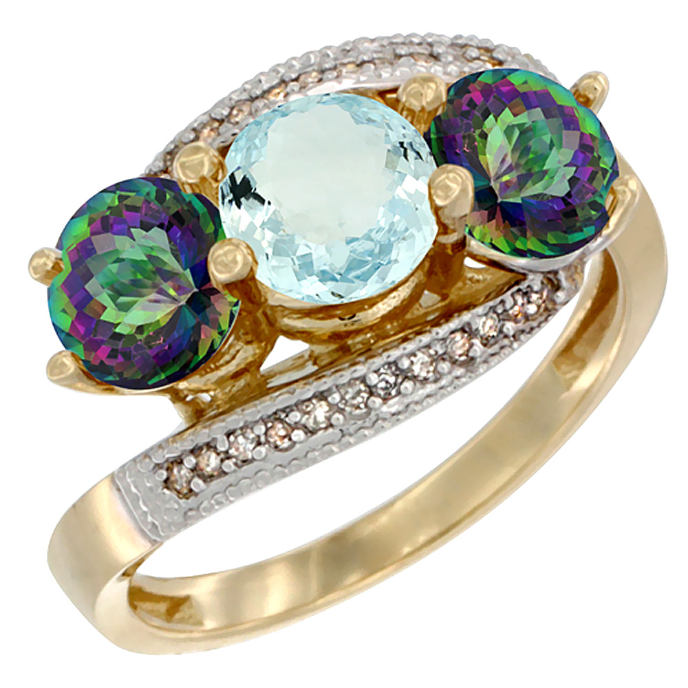 14K Yellow Gold Natural Aquamarine & Mystic Topaz Sides 3 stone Ring Round 6mm Diamond Accent, sizes 5 - 10