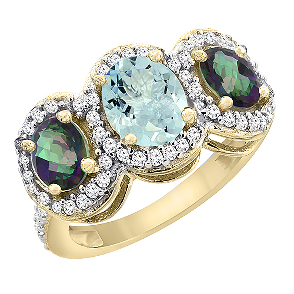 10K Yellow Gold Natural Aquamarine &amp; Mystic Topaz 3-Stone Ring Oval Diamond Accent, sizes 5 - 10